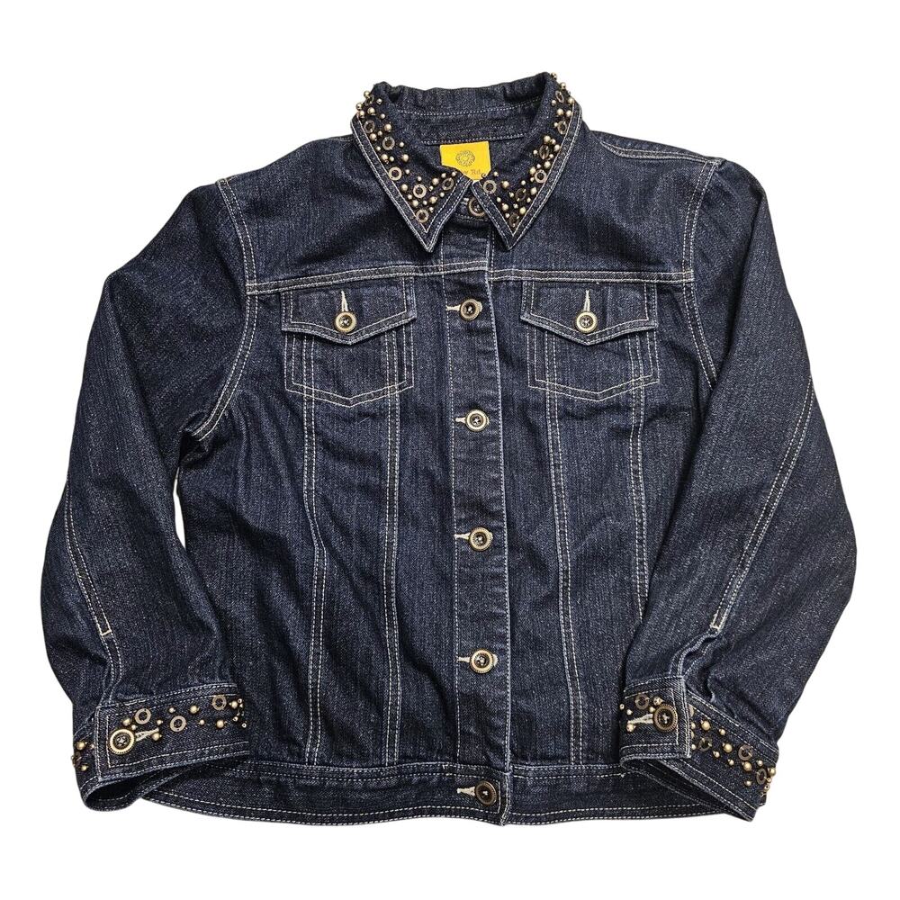Ruby Rd Dark Wash Denim Jacket Sz 8 Beaded Embellished All Over Gold Sparkle